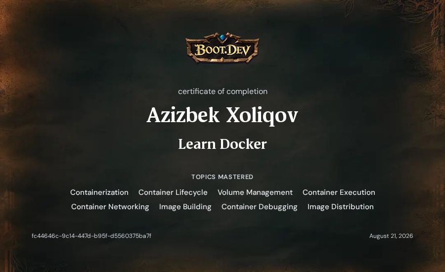Azizbek Xoliqov's Boot.dev Learn Docker certificate
