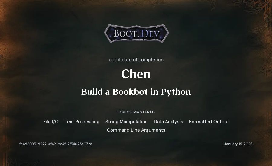 Chen's Boot.dev Build a BookBot in Python certificate