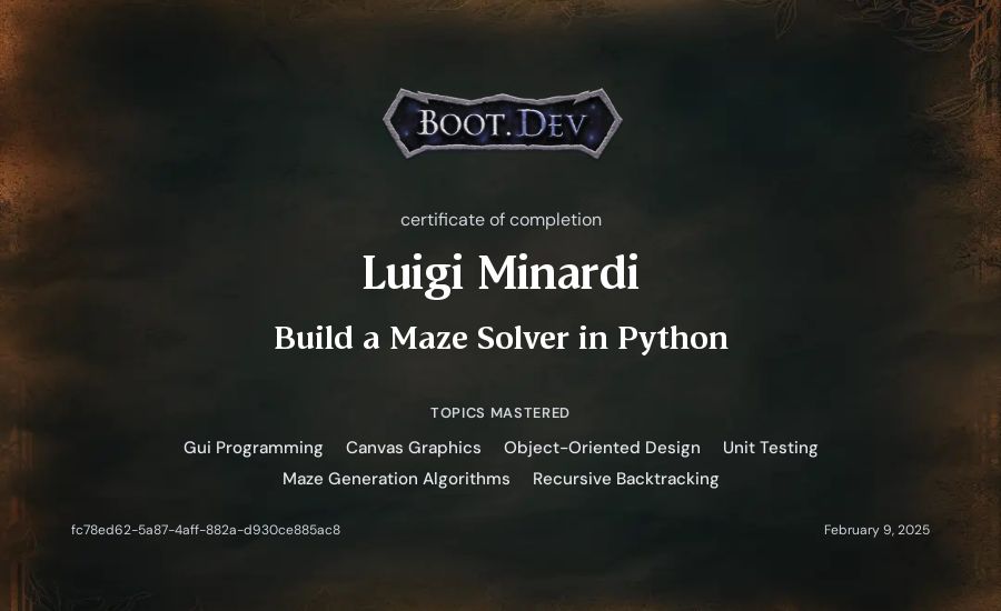 Luigi Minardi's Boot.dev Build a Maze Solver in Python certificate