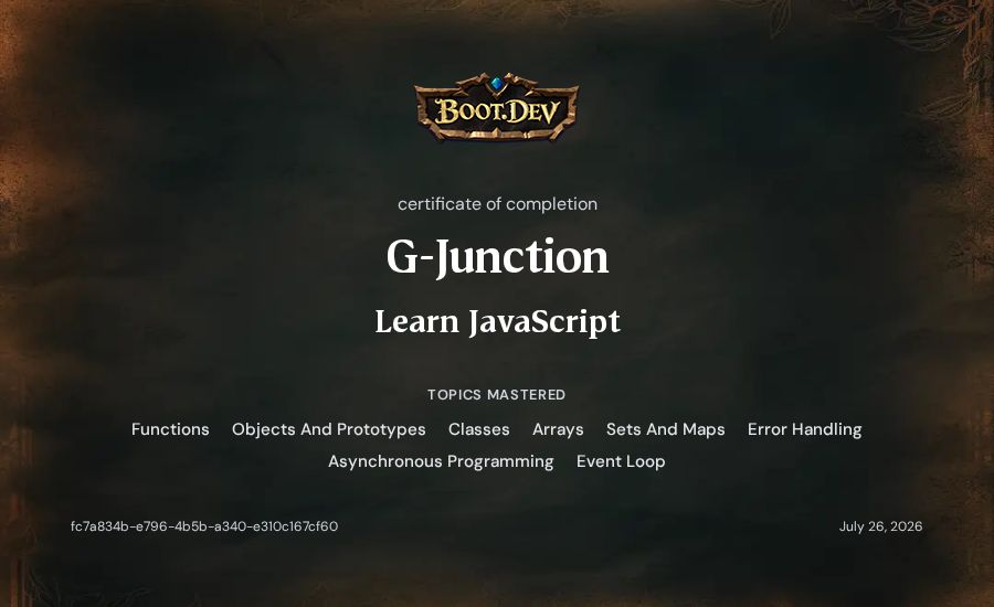 G-Junction's Boot.dev Learn JavaScript certificate
