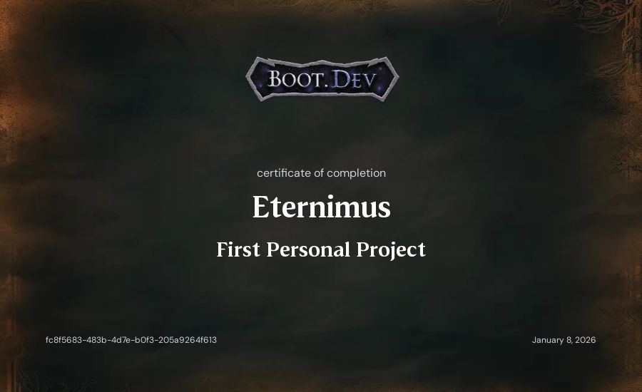 Eternimus's Boot.dev First Personal Project certificate