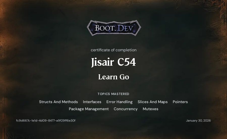 Jisair C54's Boot.dev Learn Go certificate