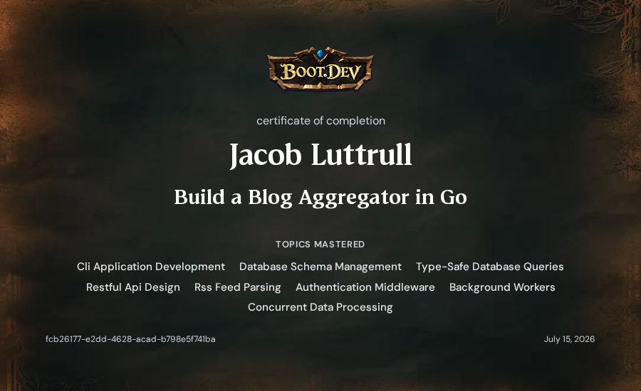 Jacob Luttrull's Boot.dev Build a Blog Aggregator in Go certificate