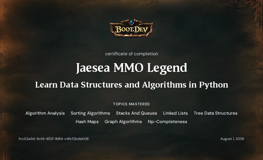 Jaesea MMO Legend's Boot.dev Learn Data Structures and Algorithms in Python certificate