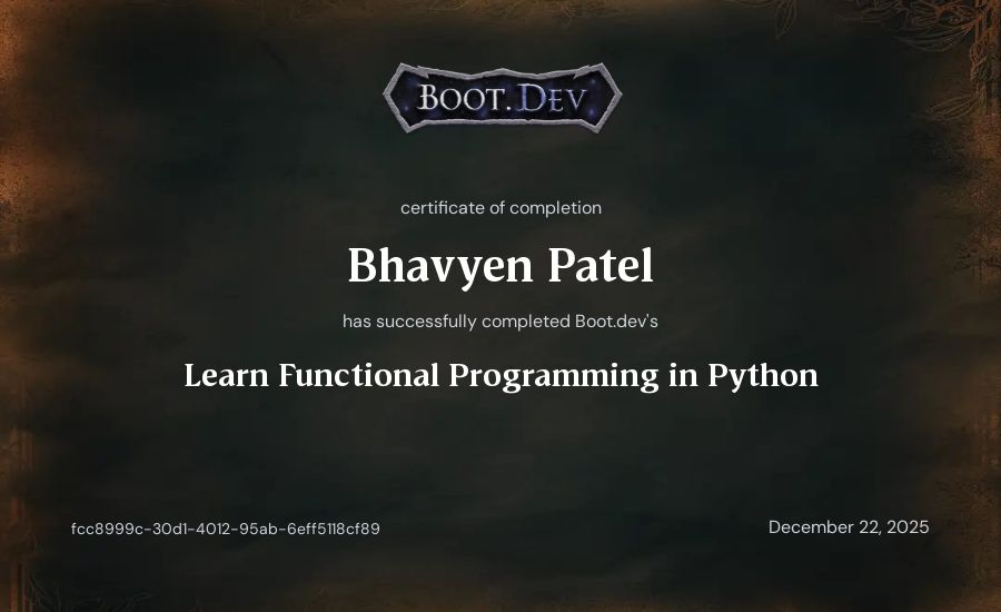 Bhavyen Patel's Boot.dev Learn Functional Programming in Python certificate