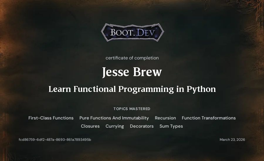 Jesse Brew's Boot.dev Learn Functional Programming in Python certificate