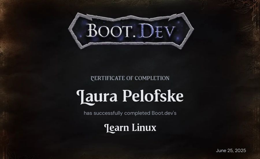 Laura Pelofske's Boot.dev Learn Linux certificate