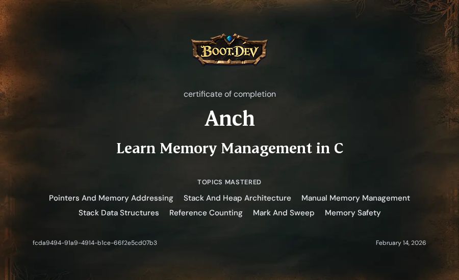 Anch's Boot.dev Learn Memory Management in C certificate