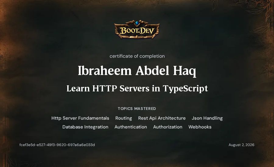 Ibraheem Abdel Haq's Boot.dev Learn HTTP Servers in TypeScript certificate