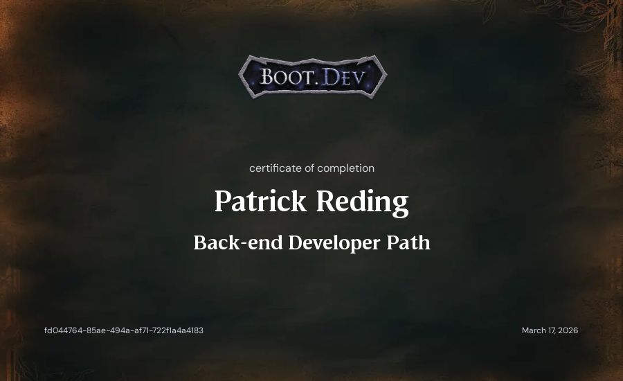 Patrick Reding's Boot.dev Backend Developer Path (TypeScript) certificate