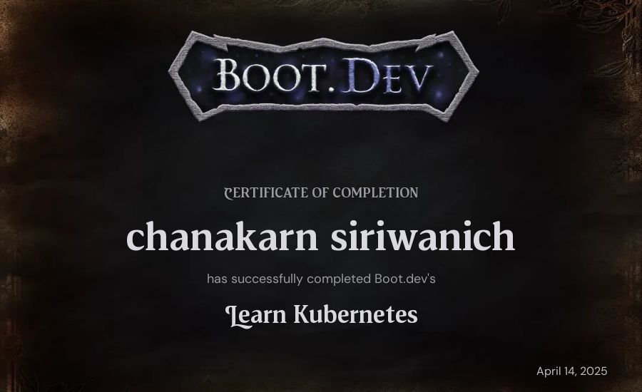 chanakarn siriwanich's Boot.dev Learn Kubernetes certificate