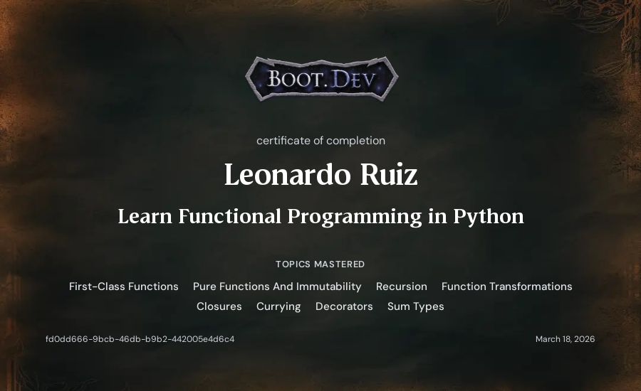Leonardo Ruiz's Boot.dev Learn Functional Programming in Python certificate