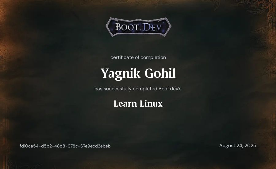 Yagnik Gohil's Boot.dev Learn Linux certificate