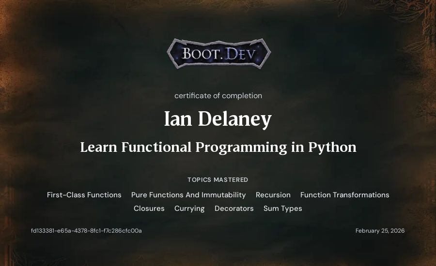 Ian Delaney's Boot.dev Learn Functional Programming in Python certificate