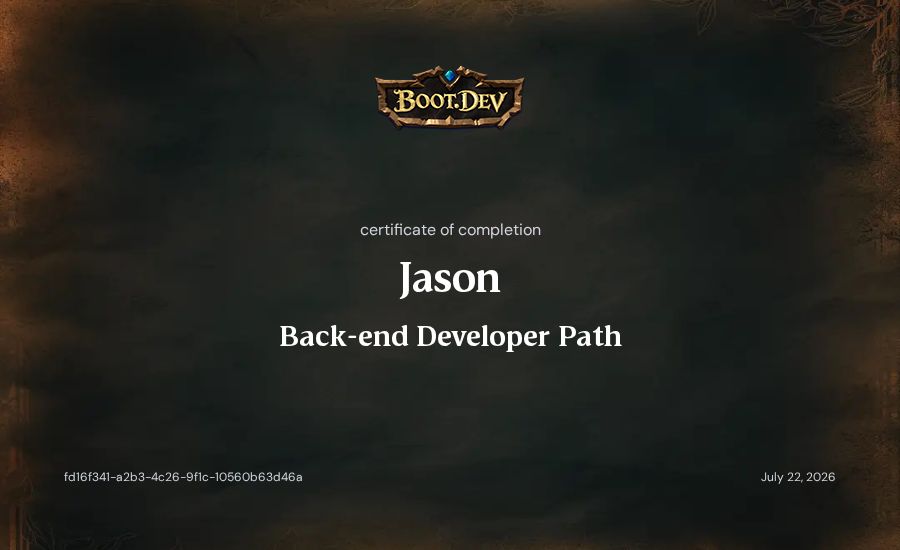 Jason's Boot.dev Backend Developer Path certificate