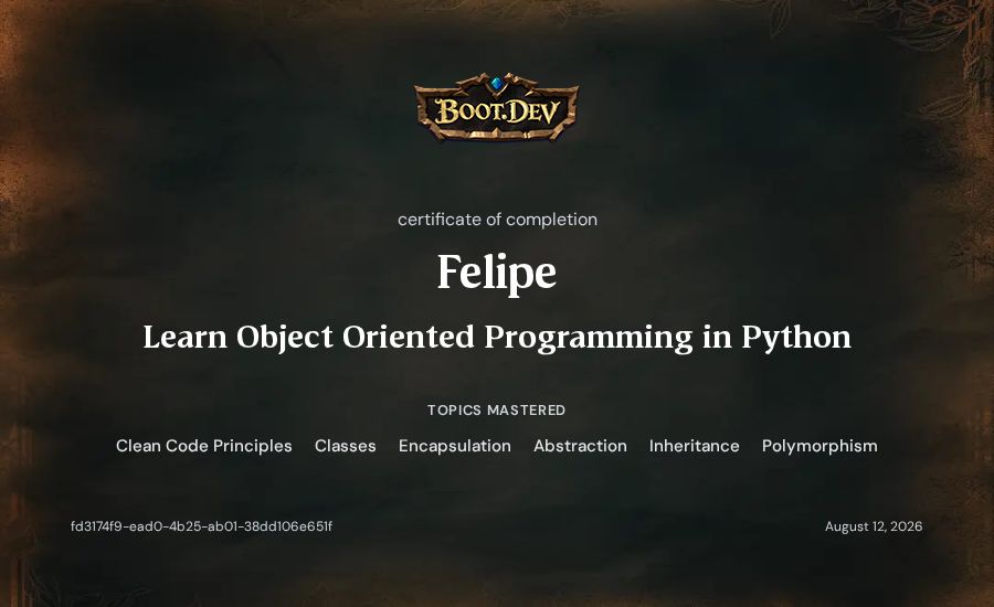 Felipe's Boot.dev Learn Object Oriented Programming in Python certificate
