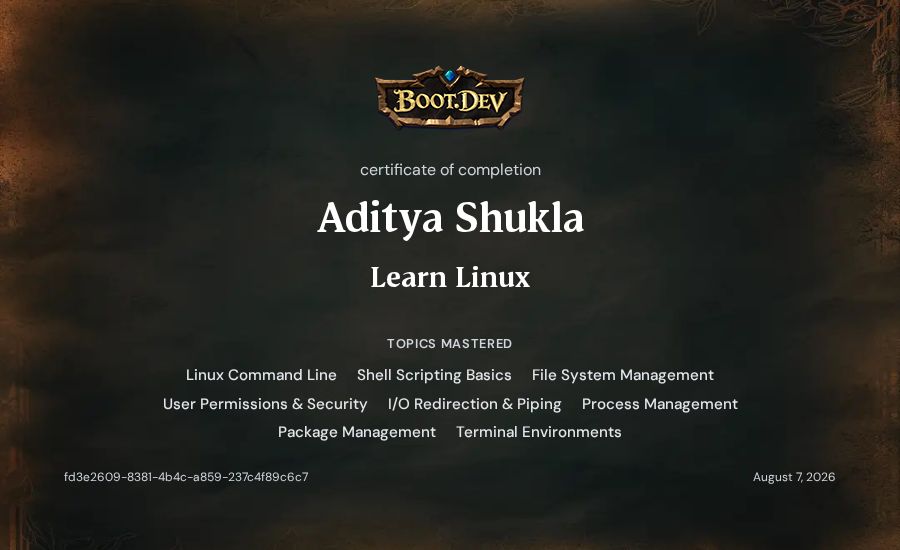 Aditya Shukla's Boot.dev Learn Linux certificate