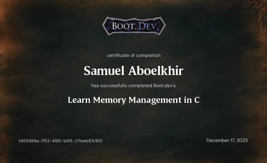 Samuel Aboelkhir's Boot.dev Learn Memory Management in C certificate