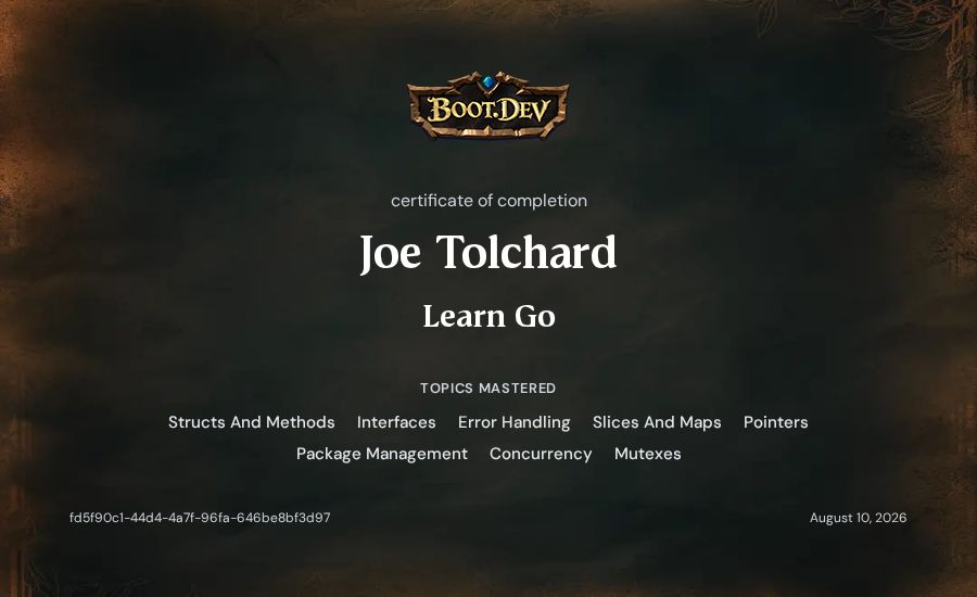 Joe Tolchard's Boot.dev Learn Go certificate