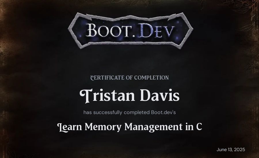 Tristan Davis's Boot.dev Learn Memory Management in C certificate