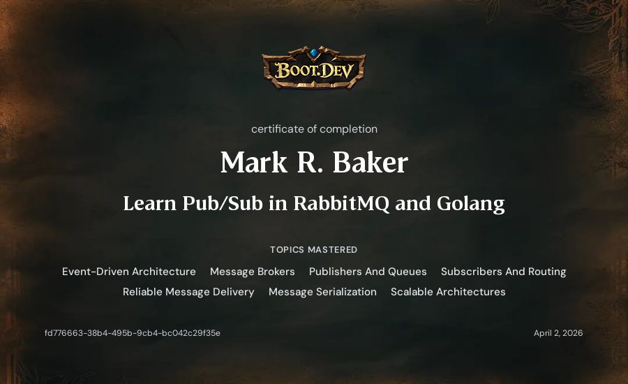 Mark R. Baker's Boot.dev Learn Pub/Sub in RabbitMQ and Go certificate