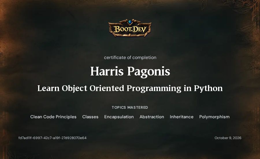 Harris Pagonis's Boot.dev Learn Object Oriented Programming in Python certificate