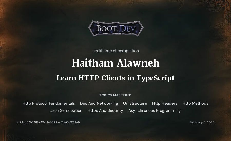 Haitham Alawneh's Boot.dev Learn HTTP Clients in TypeScript certificate