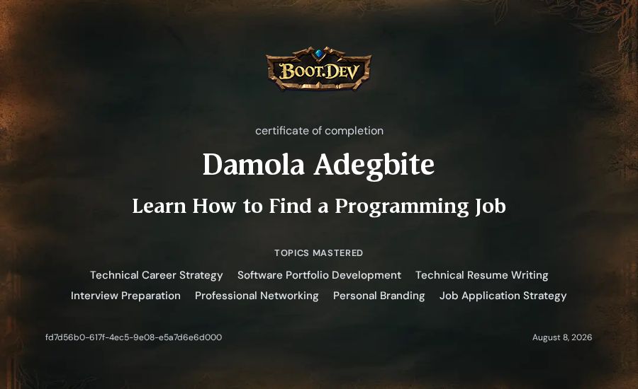 Damola Adegbite's Boot.dev Learn How to Find a Programming Job certificate