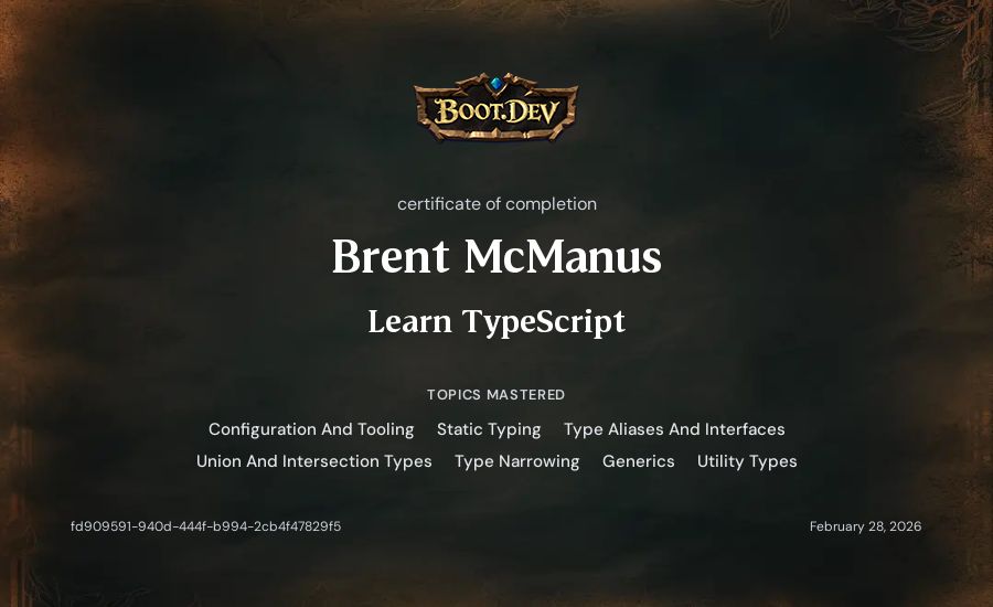 Brent McManus's Boot.dev Learn TypeScript certificate