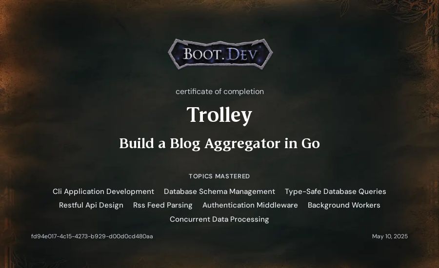 Trolley's Boot.dev Build a Blog Aggregator in Go certificate