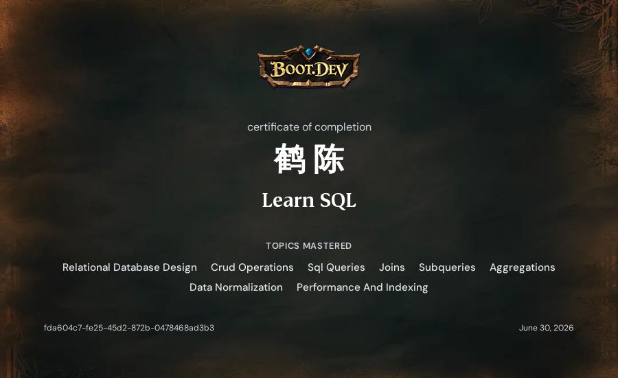 鹤 陈's Boot.dev Learn SQL certificate