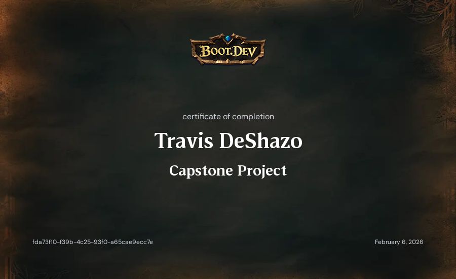 Travis DeShazo's Boot.dev Capstone Project certificate