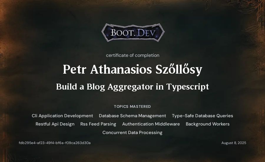 Petr Athanasios Szőllősy's Boot.dev Build a Blog Aggregator in TypeScript certificate