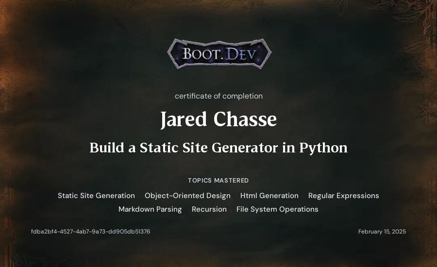 Jared Chasse's Boot.dev Build a Static Site Generator in Python certificate