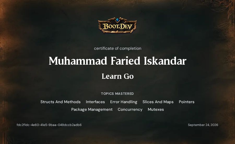 Muhammad Faried Iskandar's Boot.dev Learn Go certificate