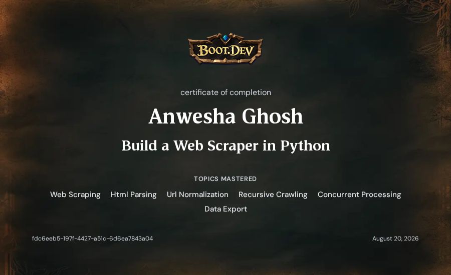 Anwesha Ghosh's Boot.dev Build a Web Scraper in Python certificate