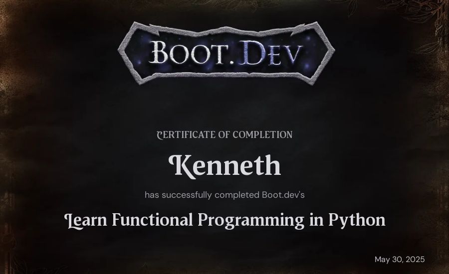 Kenneth's Boot.dev Learn Functional Programming in Python certificate