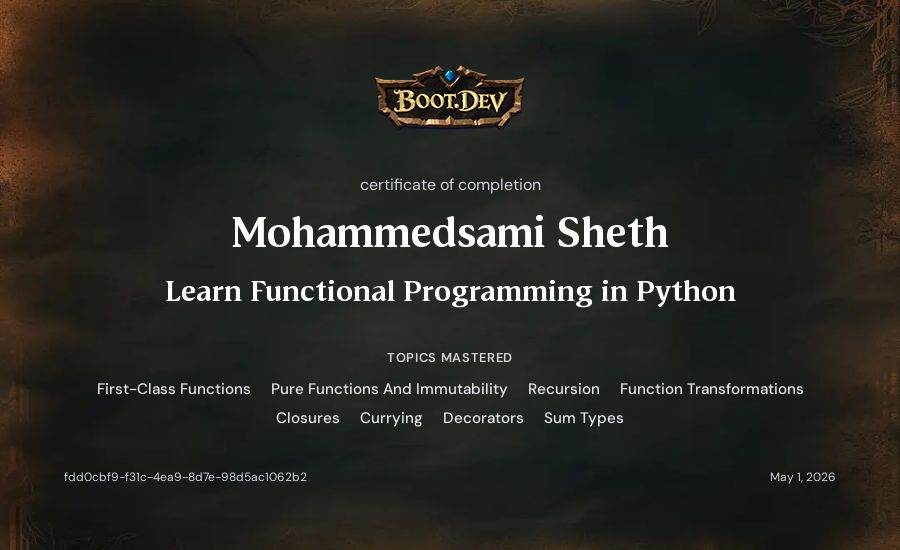 Mohammedsami Sheth's Boot.dev Learn Functional Programming in Python certificate