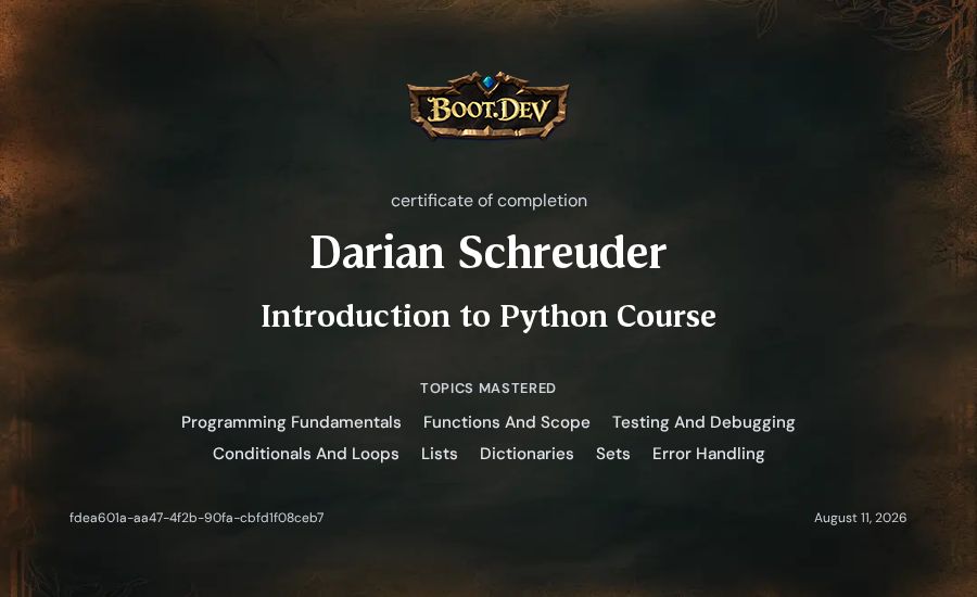 Darian Schreuder's Boot.dev Introduction to Python Course certificate