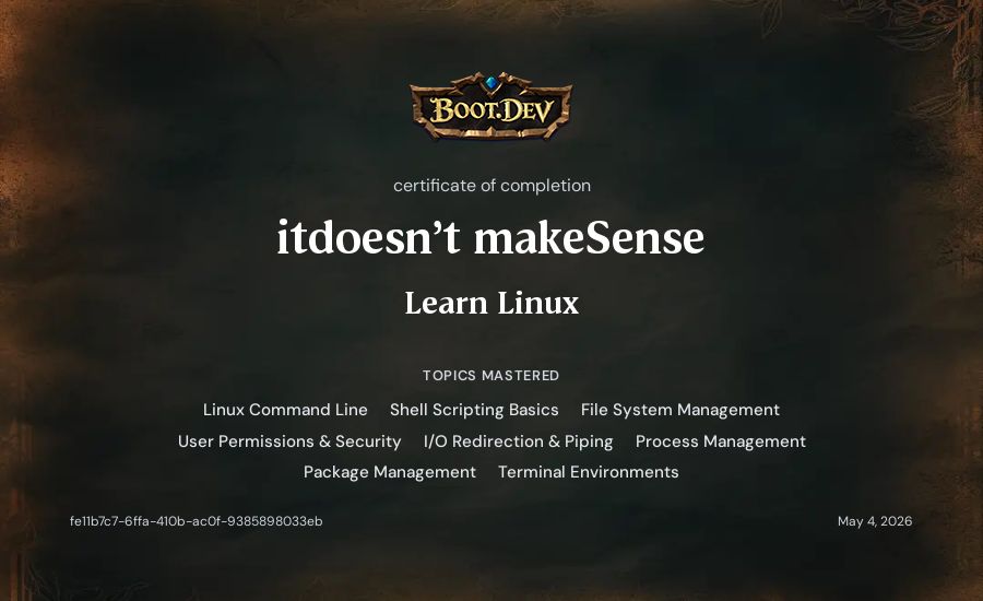 itdoesn't makeSense's Boot.dev Learn Linux certificate