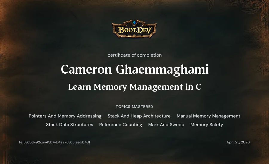 Cameron Ghaemmaghami's Boot.dev Learn Memory Management in C certificate