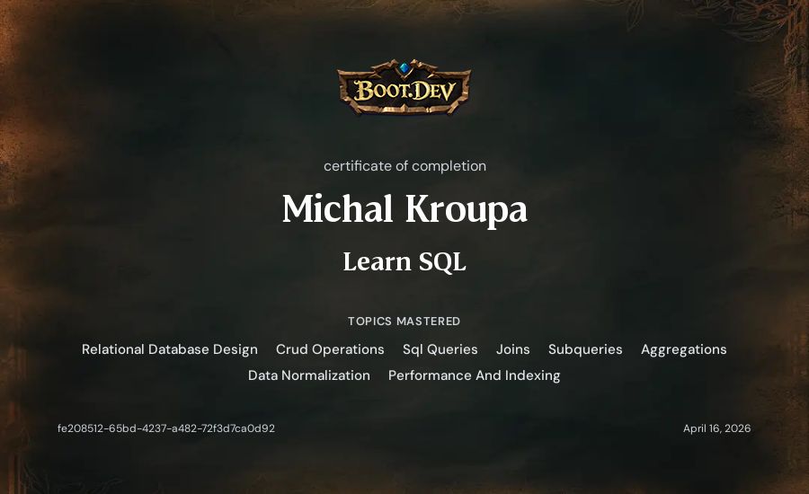 Michal Kroupa's Boot.dev Learn SQL certificate