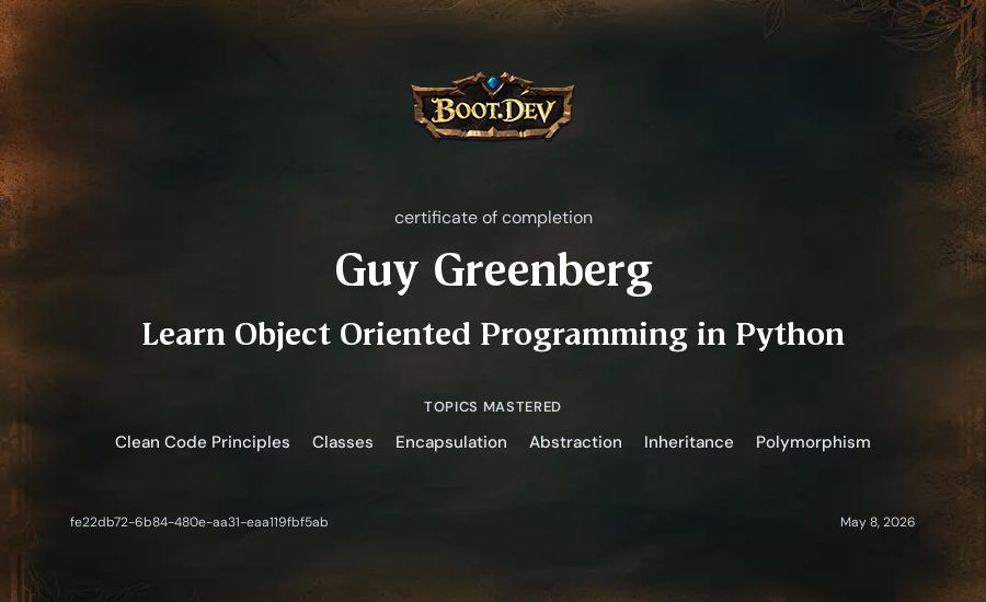 Guy Greenberg's Boot.dev Learn Object Oriented Programming in Python certificate