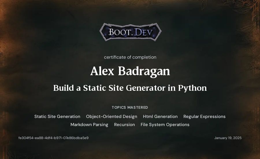 Alex Badragan's Boot.dev Build a Static Site Generator in Python certificate