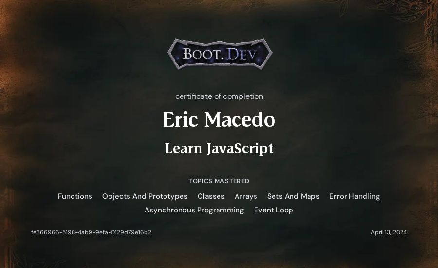 Eric Macedo's Boot.dev Learn JavaScript certificate