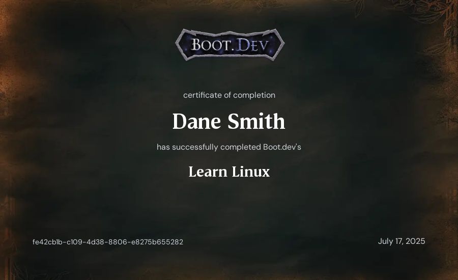 Dane Smith's Boot.dev Learn Linux certificate