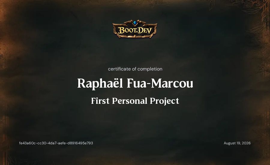 Raphaël Fua-Marcou's Boot.dev First Personal Project certificate