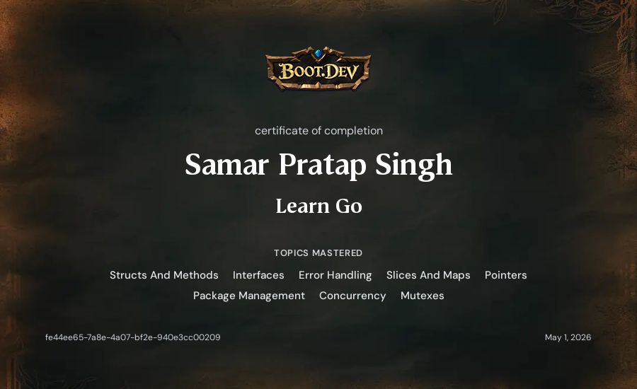 Samar Pratap Singh's Boot.dev Learn Go certificate