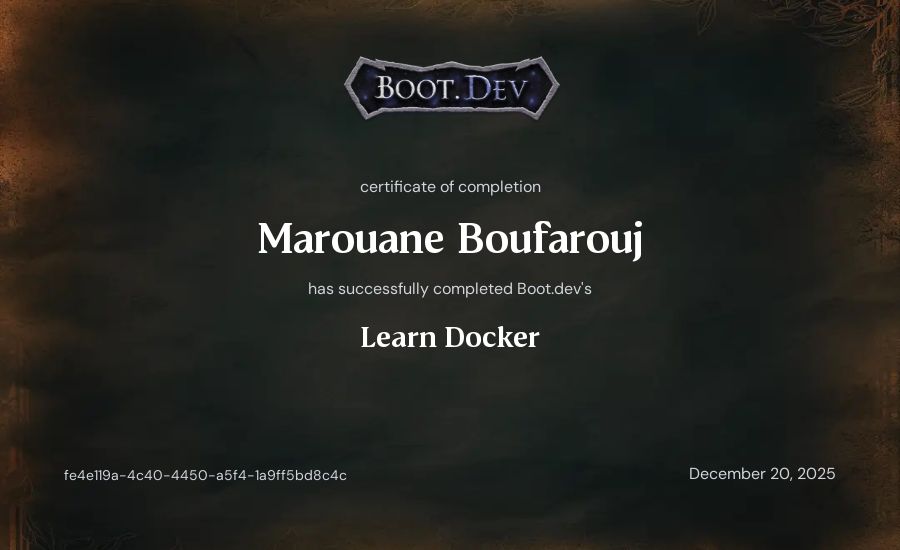 Marouane Boufarouj's Boot.dev Learn Docker certificate