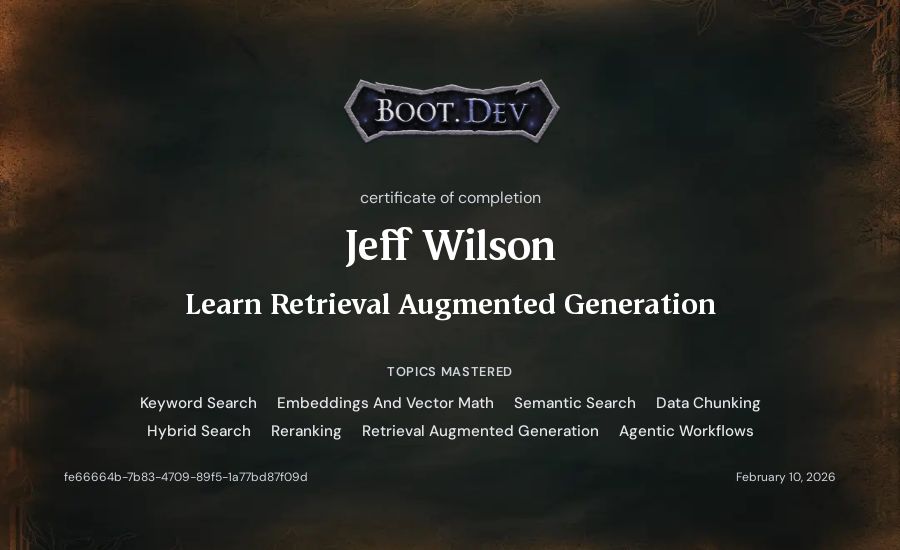 Jeff Wilson's Boot.dev Learn Retrieval Augmented Generation certificate